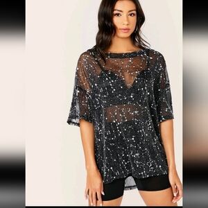 Women's Black Sheer Mesh Longline Tee Starry Top